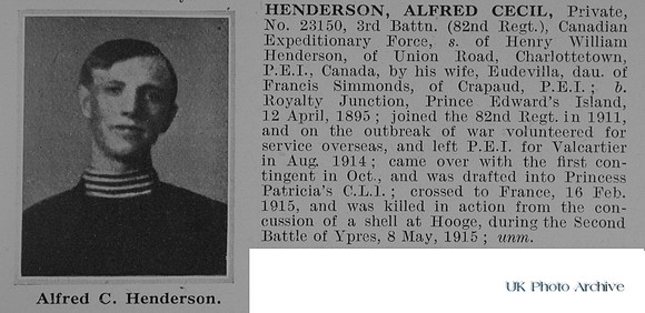 Henderson A C Pte 23150 3rd Canadian Expeditionary Force Obit