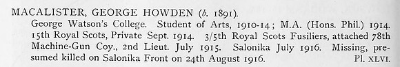 MacAlistair G H 2nd Lt 5th Royal Scots Fusiliers Attd Machine Gun Corps Obit