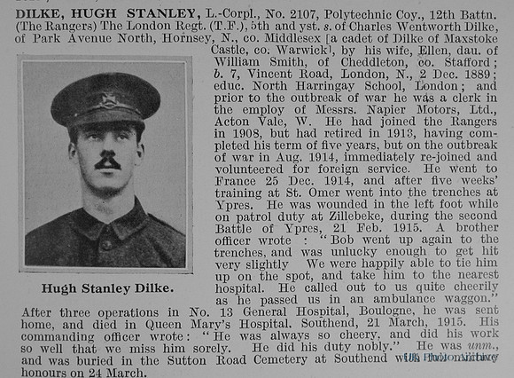 Dilke H S LCpl 2107 12th London Regiment Obit
