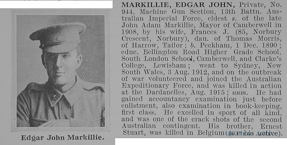 Markillie E J Pte 944 13th Australian Imperial Force Obit