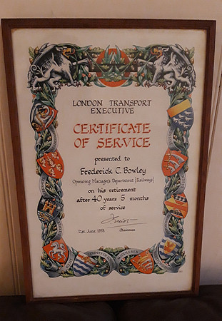 Frederick Charles Bowley Certificate Of Service London Transport  Executive