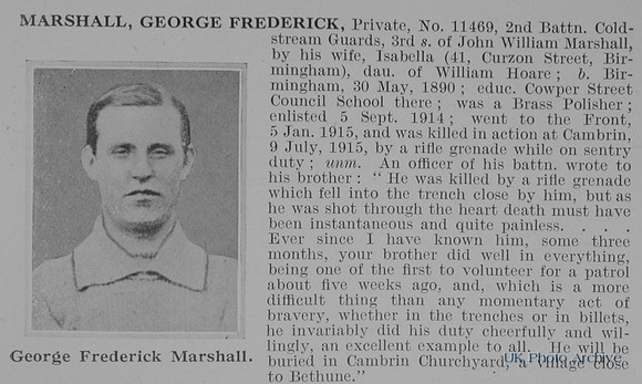 Marshall G F Pte 11469 2nd Coldstream Guards Obit