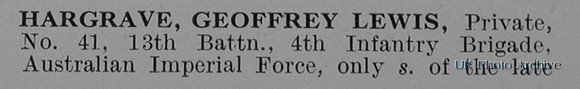 Hargrave G L Pte 41 13th Australian Imperial Force Obit Part 1
