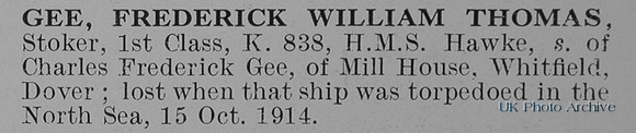 Gee F W T Stoker 1st Class HMS Hawke Royal Navy Obit