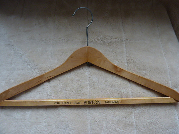 Three Wooden Vintage Coat Hangers Burtons, Cleaners Putney & Mortlake