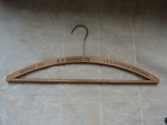 Three Wooden Vintage Coat Hangers Burtons, Cleaners Putney & Mortlake