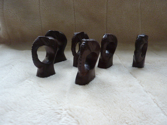 Set Of Six Vintage Wooden Carved Elephant Napkin Rings