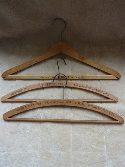 Three Wooden Vintage Coat Hangers Burtons, Cleaners Putney & Mortlake