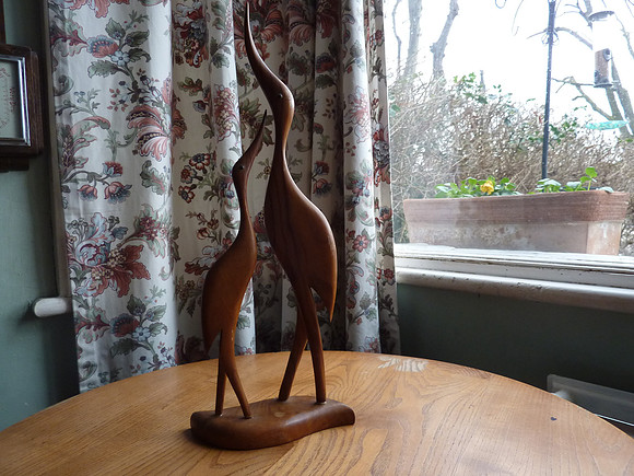 Large Retro Mid Century Teak Bird Sculptures Cranes/Storks 16 Inches