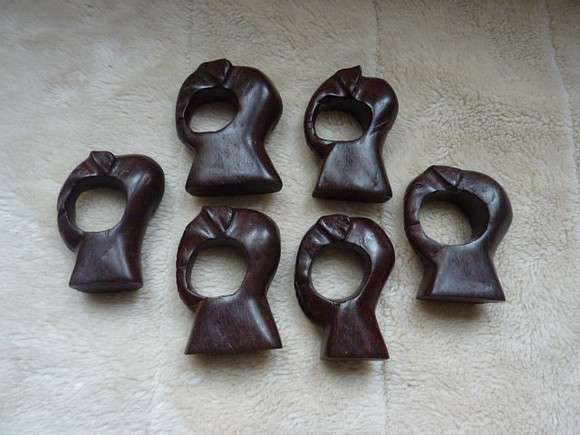 Set Of Six Vintage Wooden Carved Elephant Napkin Rings