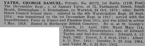 Yates G S Pte Pte 40172 1st Devonshire Regiment