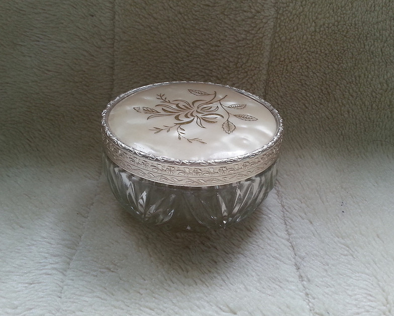 Vintage Glass Dressing Table Jar With Silver Leaf Design On Lid