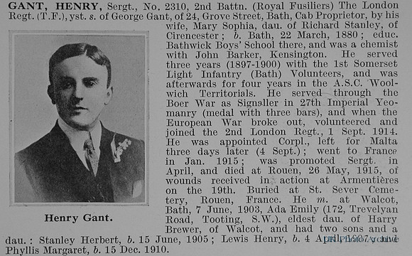Gant H Sergt 2310 2nd London Regiment Obit