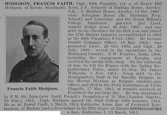 Hodgson F F Captain Indian Army Obit