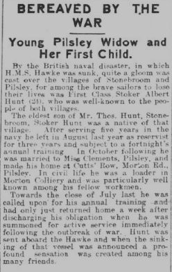 Hunt A Stoker1st Class K/536 HMS Hawke Royal Navy Obit Part 1 The Derbyshire Courier 5th Dec 1914