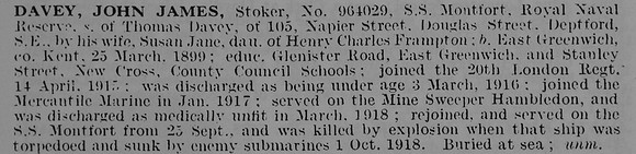 Davey J J Stoker 964029 SS Montfort Royal Naval Reserve