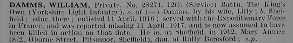 Damms W Pte 28271 12th King's Own Yotkshire Light Infantry