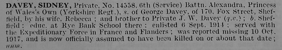 Davey S Pte 14558 6th Yorkshire Regiment