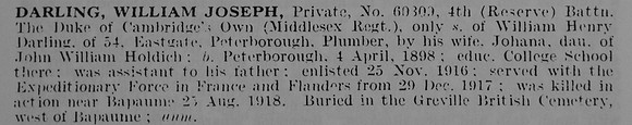Darling W J Pte 60809 4th Middlesex Regiment