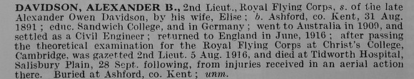 Davidson A B 2nd Lt Royal Flying Corps
