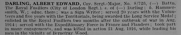 Darling A E Coy Sergt Maj S/726 12th Royal Fusiliers