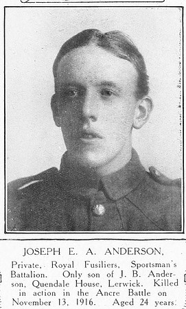 Anderson J E A Pte SP3084 24th Royal Fusiliers Shetlands Roll Of Honour