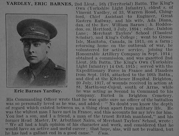 Yardley E B 2nd Lt 5th Kings Own Yorkshire Light Infantry Obit De Ruvignys Roll Of Honour Vol 3