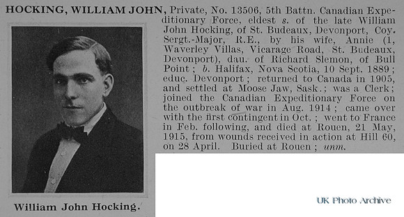 Hocking W J Pte 13506 5th Canadian Expeditionary Force Obit