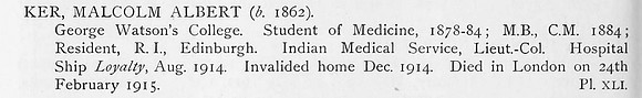 Ker M A Lt Col Indian Medical Services Obit