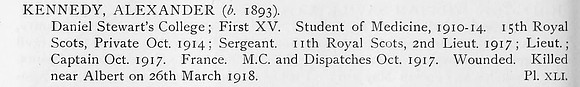 Kennedy A Captain MC 11th Royal Scots Obit