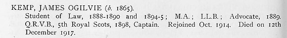 Kemp J O Captain 5th Royal Scots Obit