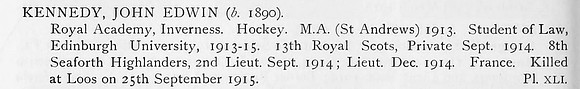 Kennedy J E Lt 8th Lt 8th Seaforth Highlanders Obit