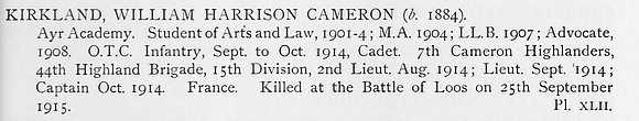 Kirkland W H C Captain 7th Cameron Highlanders Obit