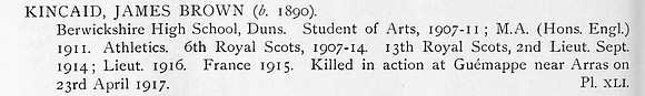 Kincaid J B Lt 13th Royal Scots Obit