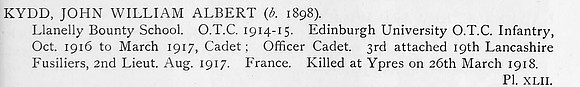 Kydd J W A 2nd Lt 3rd Attd 19th Lancashire Fusiliers Obit