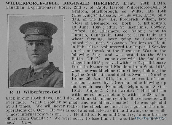 Wilberforce-Bell R H Lt 28th Canadian Expeditionary Force Obit