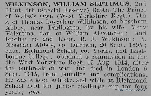 Wilkinson W S 2nd Lt 4th West Yorks Regt Obit De Ruvignys Roll Of Honour Vol 2