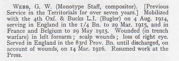 Webb G W Pte 4th Oxford & Bucks Light Infantry Short Record Of Service War Record Of The Oxford University Press 1923