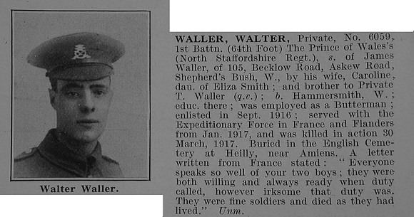 Waller W Pte 6059 1st North Staffordshire Regiment Obit De Ruvignys Roll Of Honour Vol 5