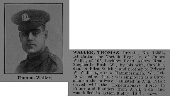 Waller T Pte 13952 1st Norfolk Regiment Obit De Ruvignys Roll Of Honour Vol 5