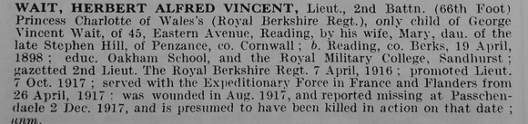 Wait H A V Lt 2nd Royal Berkshire Regiment