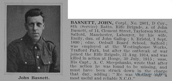 Basnett J Cpl 2801 8th Rifle Brigade Obit