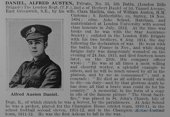 Daniel A A Pte 35 5th London Regiment Obit