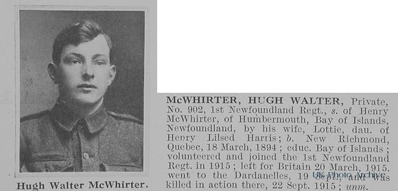 McWhirter H W Pte 902 1st Newfoundland Regiment Obit