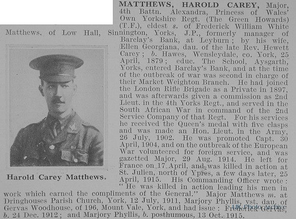 Matthews H C Major 4th Yorkshire Regiment Obit