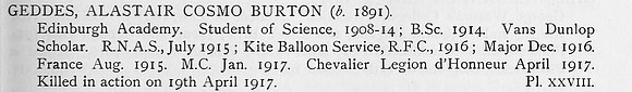 Geddes A C B Major MC Royal Flying Corps Obit