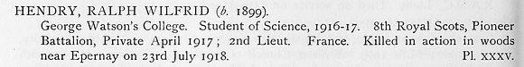 Hendry R W 2nd Lt 8th Royal Scots Obit