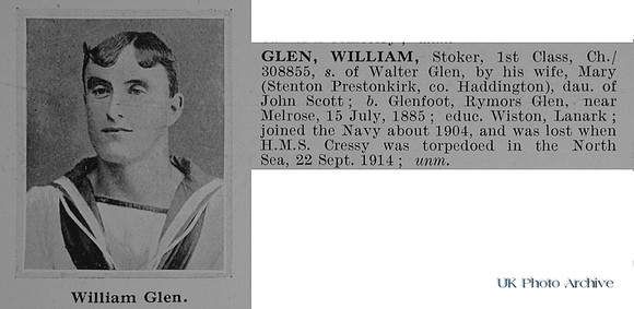 Glen W Stoker 1st Classs CH/308855 HMS Cressy Royal Navy Obit