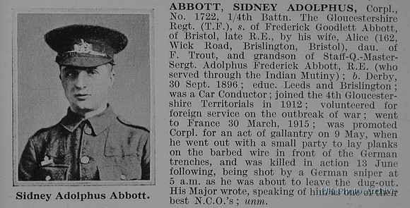 Abbott S A Cpl 1722 4th Gloucestershire Regiment Obit