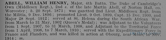Abell W H Major 4th Middlesex Regiment Obit